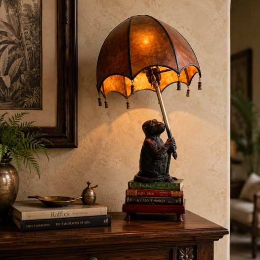 Monkey Table Lamp with Mica Parasol, gallery view