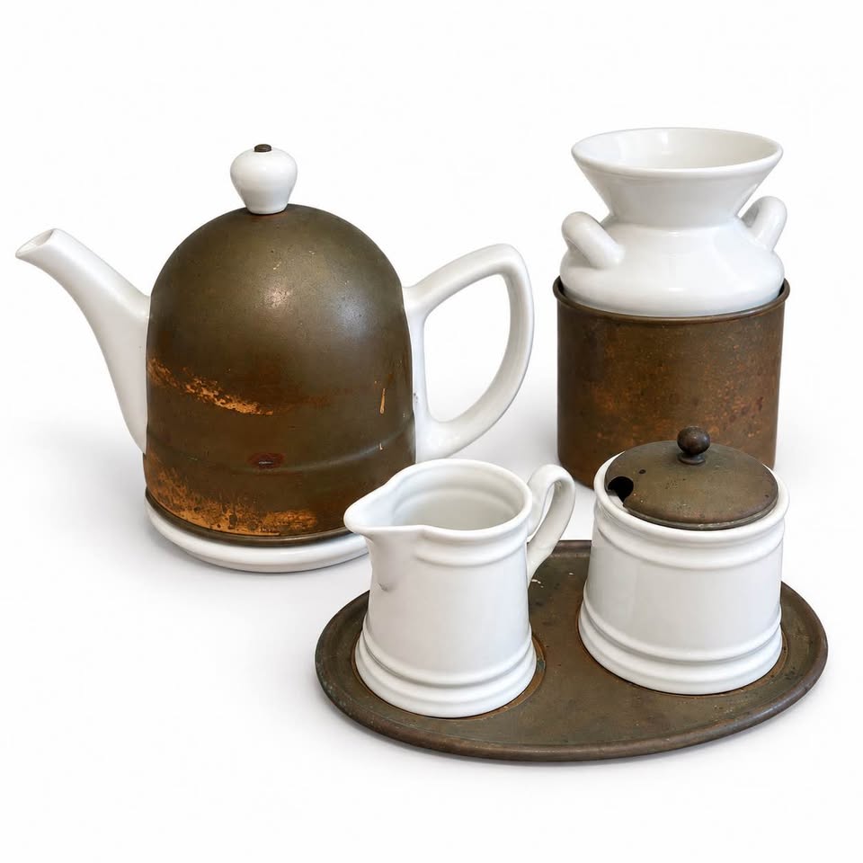 Vintage Ceramic Tea Set | White Glaze & Patinated Metal, gallery view 8