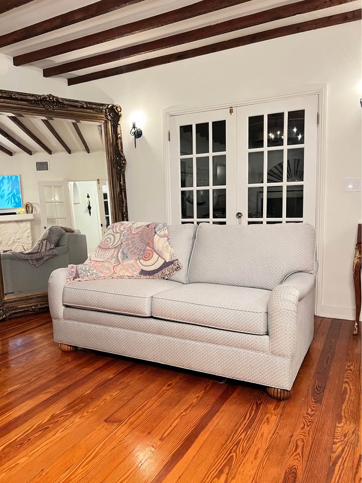 Ethan Allen Featherblend Loveseat | Blue & Ivory Upholstery, gallery view 2