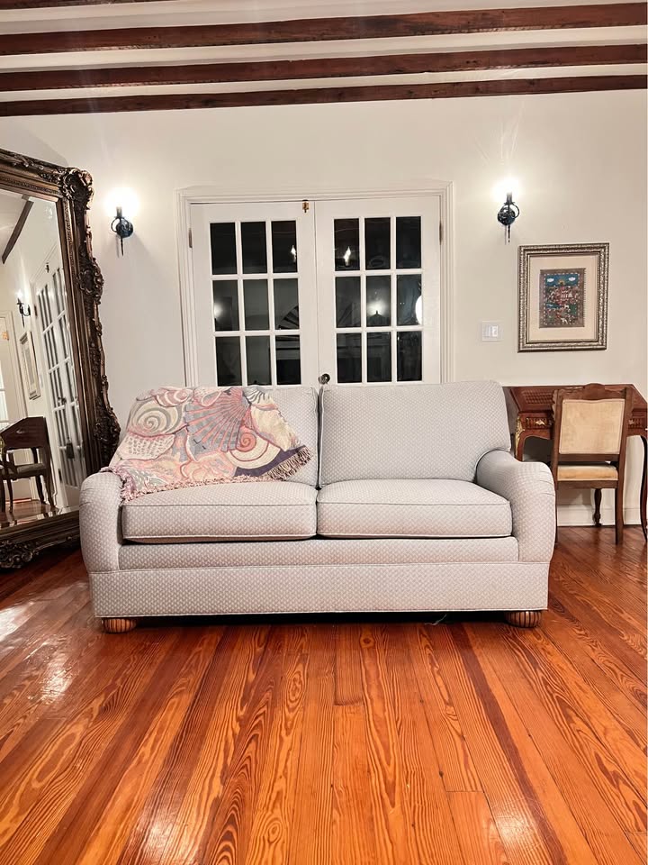 Ethan Allen Featherblend Loveseat | Blue & Ivory Upholstery, gallery view 3