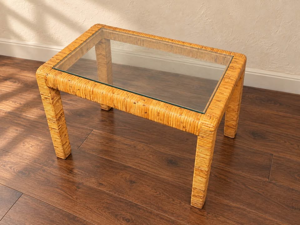 Rattan Accent Table | Inset Glass Top, Coastal Parsons Style, gallery view 2