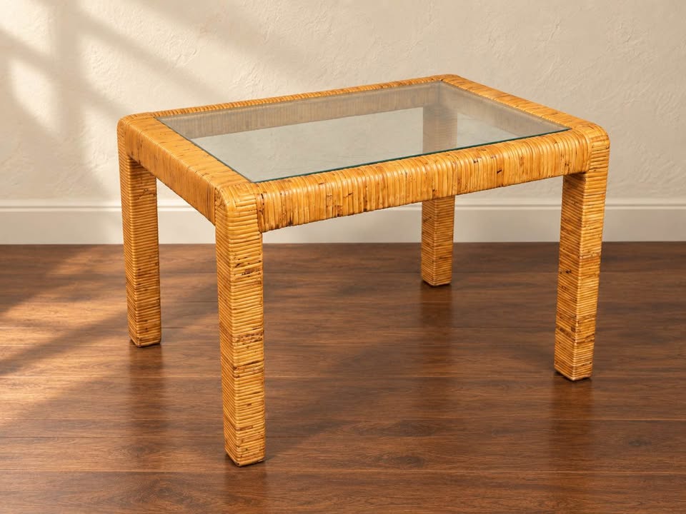 Rattan Accent Table | Inset Glass Top, Coastal Parsons Style, gallery view 6