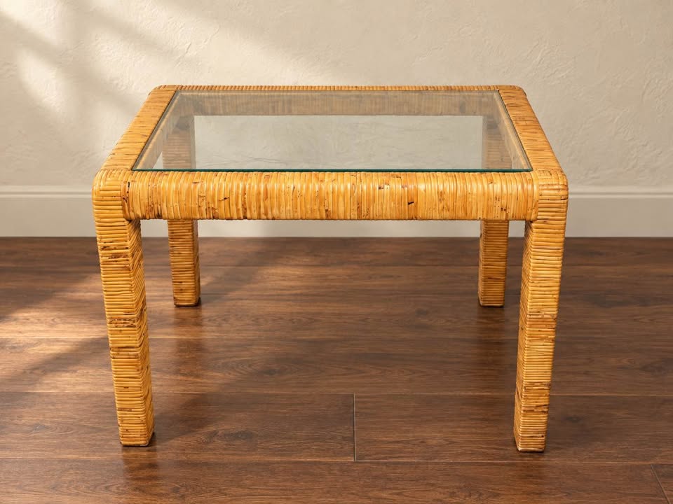 Rattan Accent Table | Inset Glass Top, Coastal Parsons Style, gallery view 7