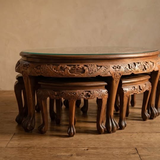 Mid-Century Chinese Coffee Table & 6 Stools, gallery view