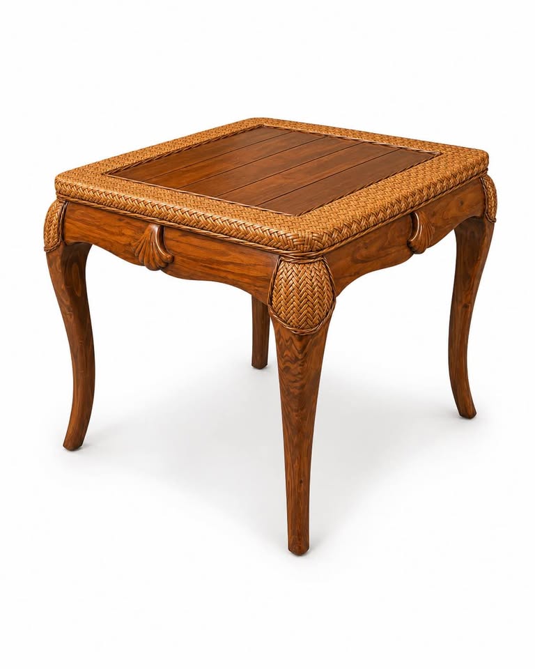 Vintage Rattan Side Table | Carved Wood Palm Beach Style, gallery view 4