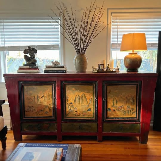 Antique Chinese Red Lacquer Sideboard, gallery view
