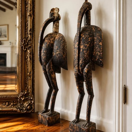 Pair Large African Wood Bird Sculptures, gallery view